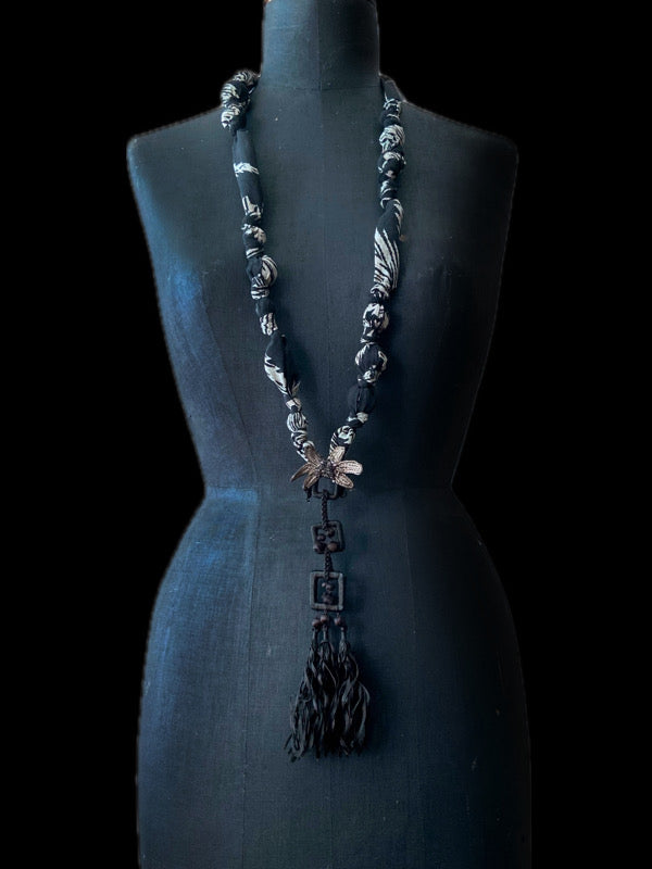 Aesthetic Movement inspired long silk sautoir necklace with antique tassel embellishment. Bohemian style from vintage textiles by Pavilion Parade. 