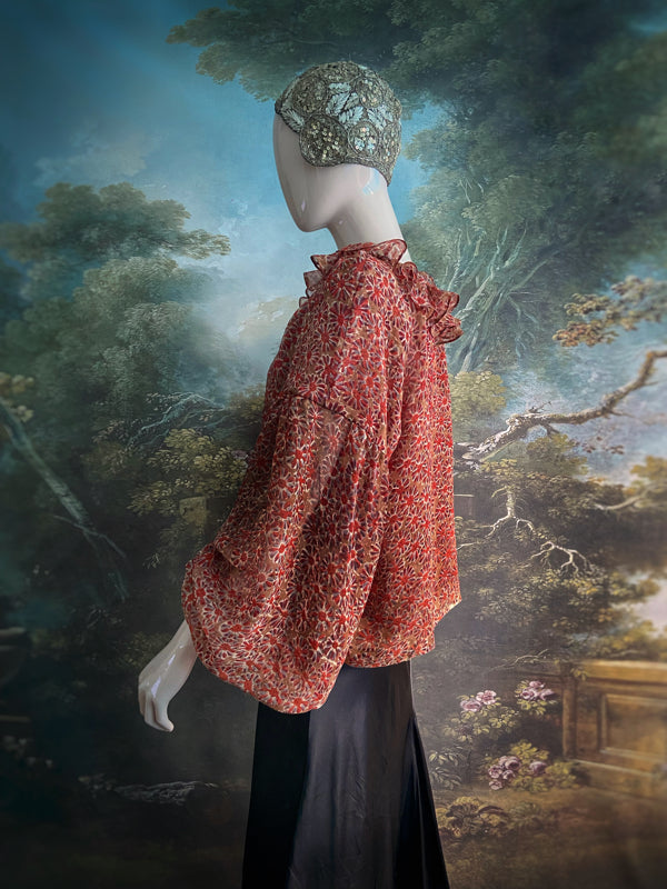 Cinnamon and caramel silk georgette Pierrot blouse with long full sleeves and adjustable drawstring frilled neckline. Bohemian styles sustainably created from antique and vintage textiles by the Pavilion Parade studio. 