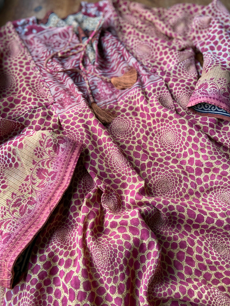 Reversible russet cotton kaftan maxi dress with pockets and wide sleeves. Unique bohemian styles created from antique and vintage textiles by the Pavilion Parade Studio.