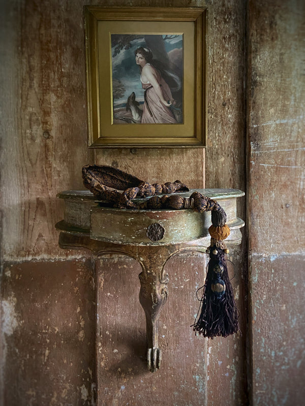 1920s style long silk sautoir necklace with antique tassel embellishment. Bohemian style from vintage textiles by Pavilion Parade. 