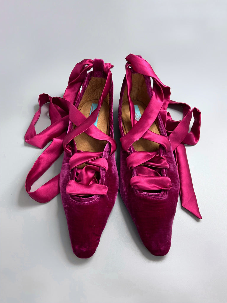 Raspberry pink silk velvet ballerina shoes with long silk satin ankle ties. Bohemian style from Pavilion Parade.