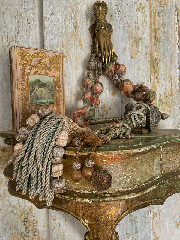 Aesthetic Movement inspired long silk sautoir necklace with antique tassel embellishment. Bohemian style from vintage textiles by Pavilion Parade. 