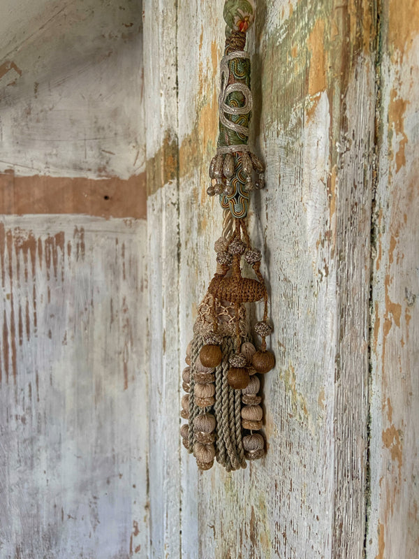 Aesthetic Movement inspired long silk sautoir necklace with antique tassel embellishment. Bohemian style from vintage textiles by Pavilion Parade. 