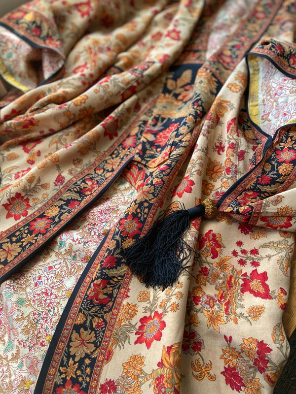1920s inspired silk kimono robe with tassel sleeves, created from vintage scarlet, pumpkin and antique ivory silk crepe. Unique bohemian designs from the Pavilion Parade studio.