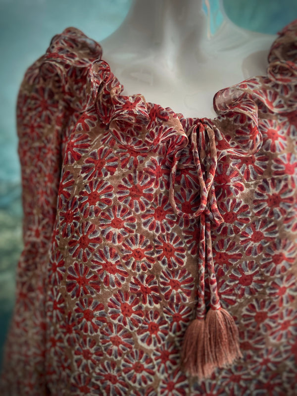 Cinnamon and caramel silk georgette Pierrot blouse with long full sleeves and adjustable drawstring frilled neckline. Bohemian styles sustainably created from antique and vintage textiles by the Pavilion Parade studio. 