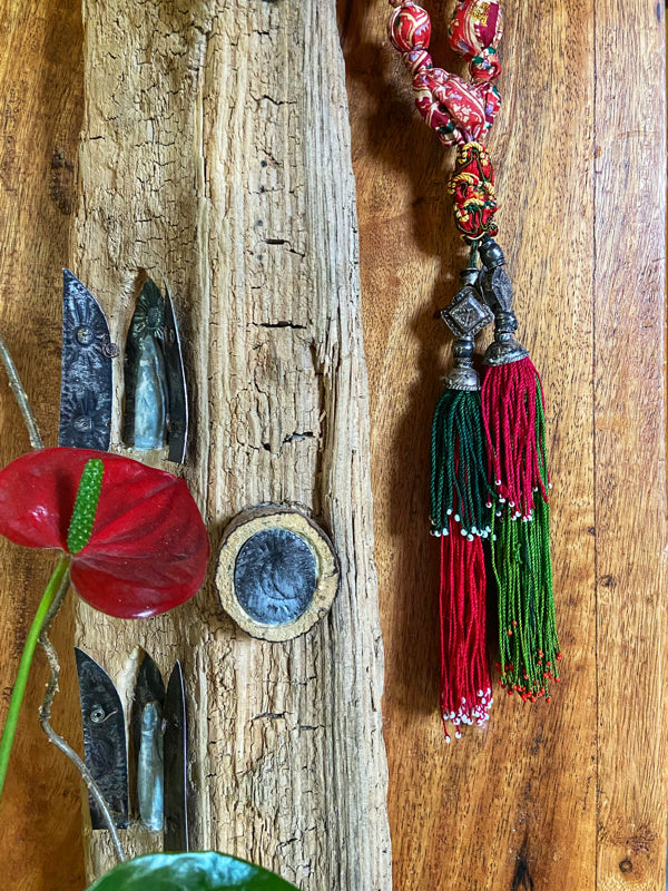 Aesthetic Movement inspired long silk sautoir necklace with antique tassel embellishment. Bohemian style from vintage textiles by Pavilion Parade. 