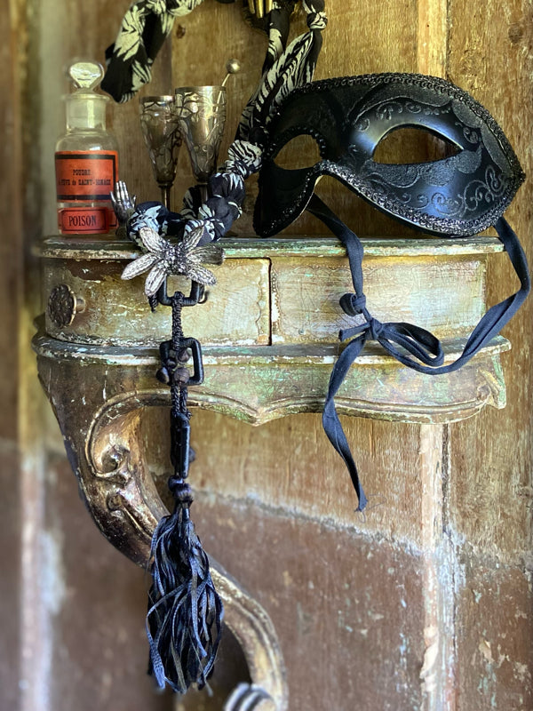 Aesthetic Movement inspired long silk sautoir necklace with antique tassel embellishment. Bohemian style from vintage textiles by Pavilion Parade. 