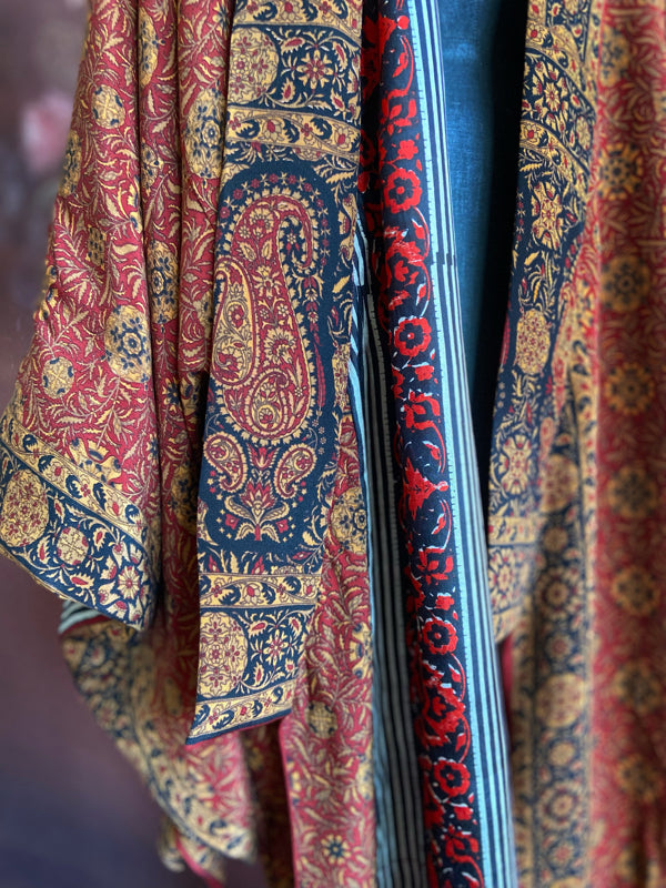 1920s inspired silk kimono robe created from vintage black, mustard, and dark sienna red silk crepe. Unique bohemian designs from the Pavilion Parade studio.