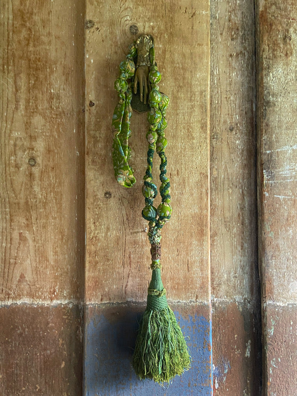 Aesthetic Movement inspired long silk sautoir necklace with antique tassel embellishment. Bohemian style from vintage textiles by Pavilion Parade. 