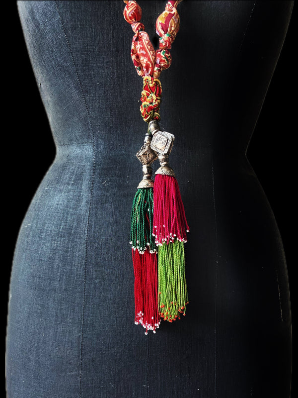 Aesthetic Movement inspired long silk sautoir necklace with antique tassel embellishment. Bohemian style from vintage textiles by Pavilion Parade. 