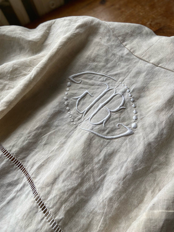 Full length kimono inspired robe with large patch pockets and wide sleeves. Created from an antique heavy French linen trousseau sheet with heirloom embroidery and drawn thread work. All French seamed with hand finished hems and collar. Bohemian styles sustainably created from antique and vintage textiles by the Pavilion Parade studio.