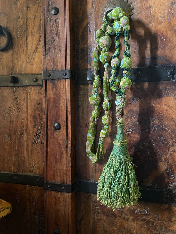 Aesthetic Movement inspired long silk sautoir necklace with antique tassel embellishment. Bohemian style from vintage textiles by Pavilion Parade. 