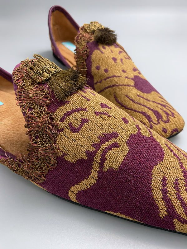 Burgundy red and old gold linen silk brocade slipper shoes. Woven heraldic leopard motifs. Sustainably created from antique textiles from the Pavilion Parade studio.