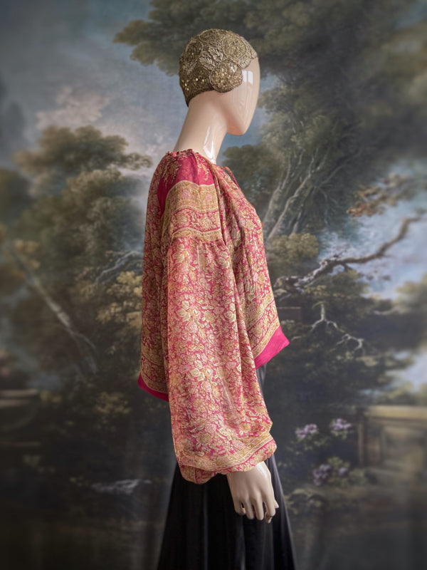 Rose pink & chartreuse silk chiffon blouse with long full sleeves and adjustable drawstring neckline. Bohemian styles sustainably created from antique and vintage textiles by the Pavilion Parade studio. 