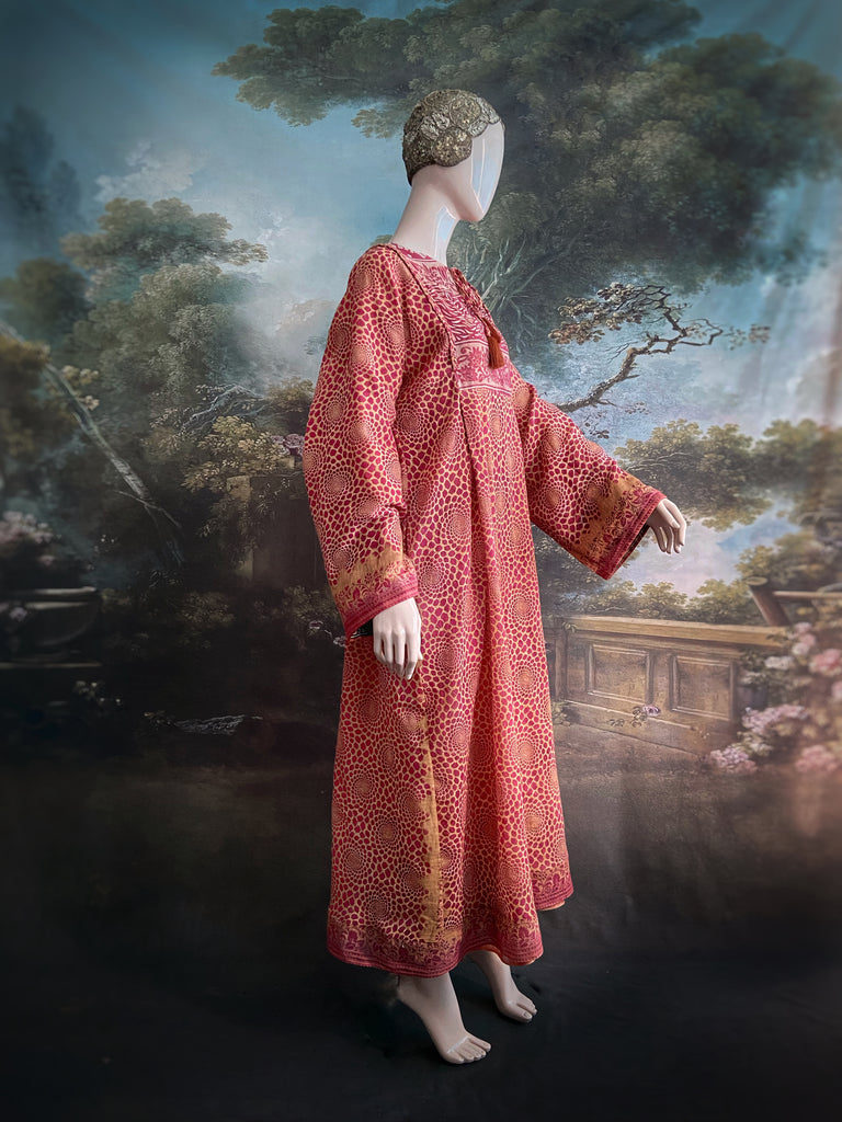 Reversible russet cotton kaftan maxi dress with pockets and wide sleeves. Unique bohemian styles created from antique and vintage textiles by the Pavilion Parade Studio.