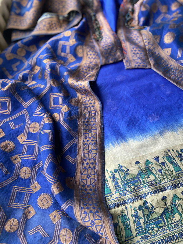 Egyptian Revival 1920s inspired full length robe created from vintage and antique textiles. Lapiz lazuli blue and metallic bronze-gold silk brocade. Lined in block printed silk with design of ancient Egyptian figures, pyramids, chariots. Bohemian style from Pavilion Parade.