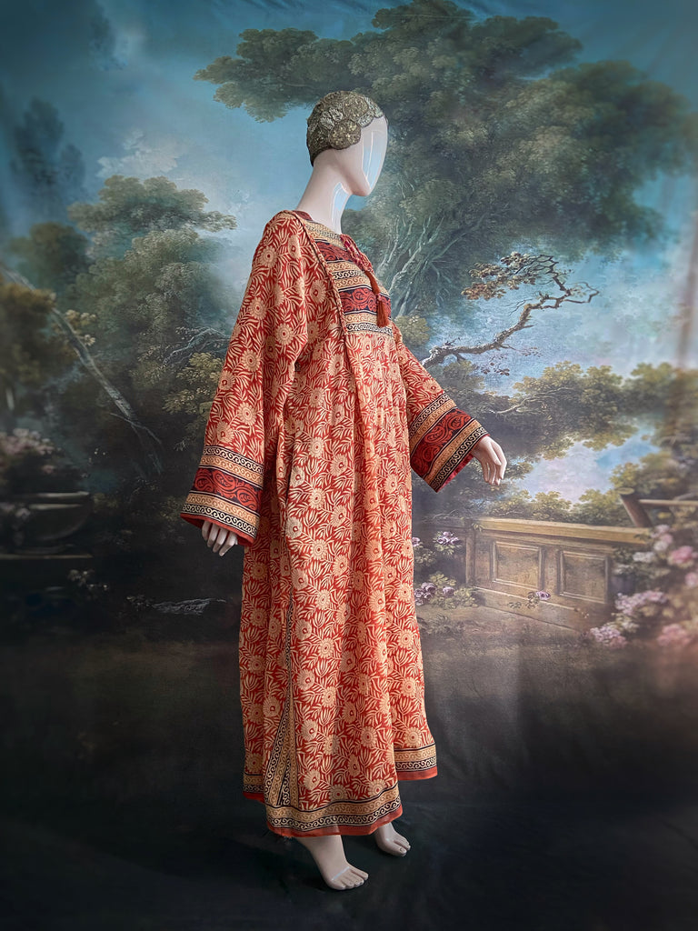Reversible russet cotton kaftan maxi dress with pockets and wide sleeves. Unique bohemian styles created from antique and vintage textiles by the Pavilion Parade Studio.