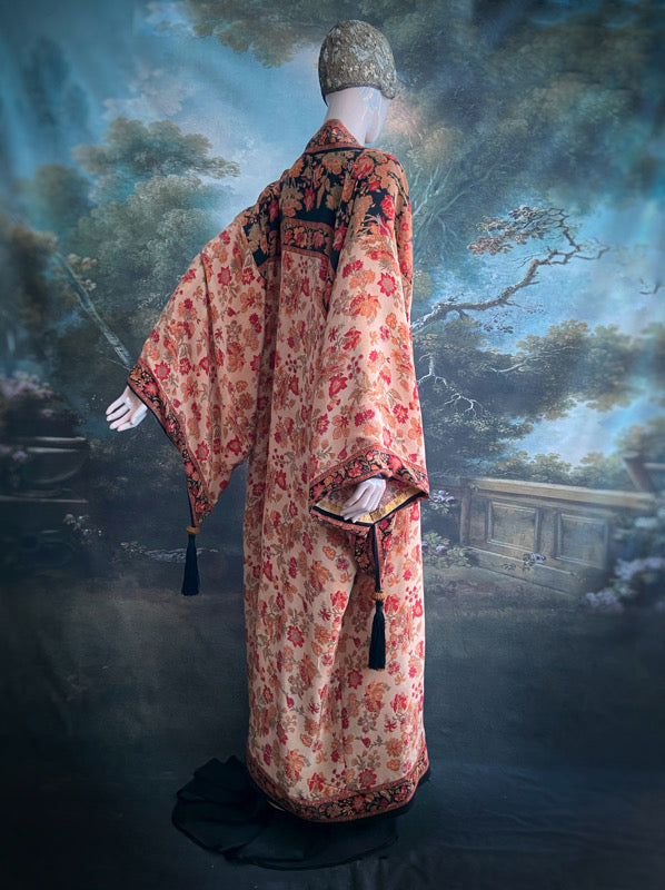1920s inspired silk kimono robe with tassel sleeves, created from vintage scarlet, pumpkin and antique ivory silk crepe. Unique bohemian designs from the Pavilion Parade studio.