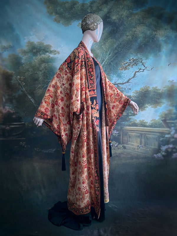 1920s inspired silk kimono robe with tassel sleeves, created from vintage scarlet, pumpkin and antique ivory silk crepe. Unique bohemian designs from the Pavilion Parade studio.