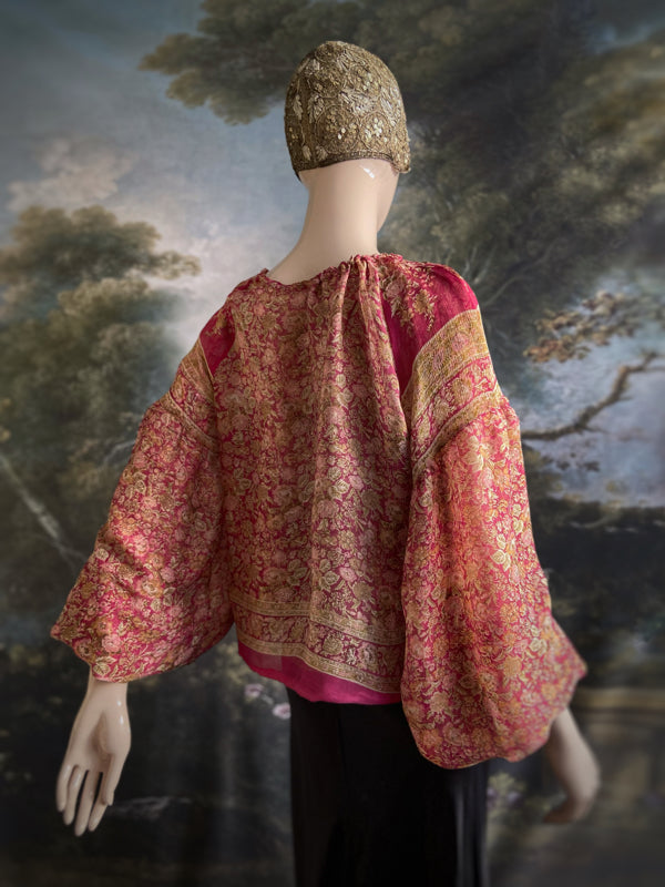 Rose pink & chartreuse silk chiffon blouse with long full sleeves and adjustable drawstring neckline. Bohemian styles sustainably created from antique and vintage textiles by the Pavilion Parade studio. 