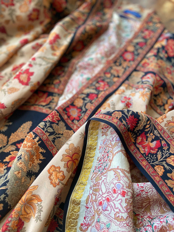 1920s inspired silk kimono robe with tassel sleeves, created from vintage scarlet, pumpkin and antique ivory silk crepe. Unique bohemian designs from the Pavilion Parade studio.