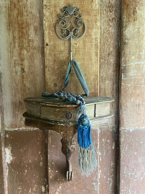 1920s style long silk sautoir necklace with antique tassel embellishment. Bohemian style from vintage textiles by Pavilion Parade. 