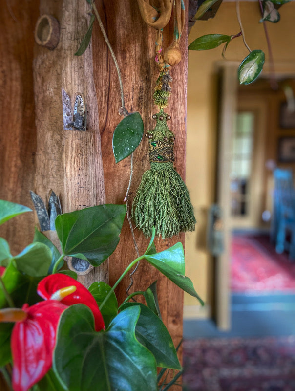 Aesthetic Movement inspired long silk sautoir necklace with antique tassel embellishment. Bohemian style from vintage textiles by Pavilion Parade. 