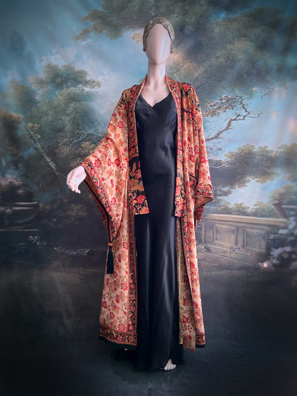 1920s inspired silk kimono robe with tassel sleeves, created from vintage scarlet, pumpkin and antique ivory silk crepe. Unique bohemian designs from the Pavilion Parade studio.