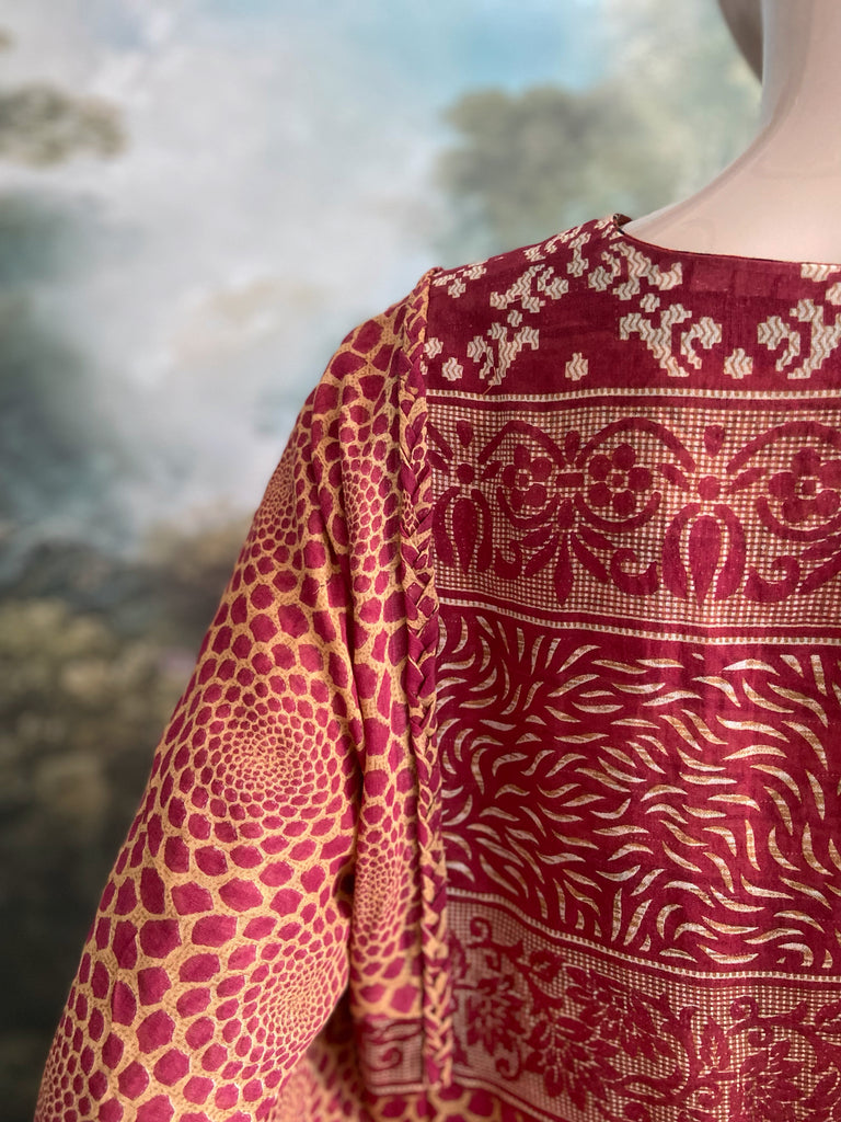 Reversible russet cotton kaftan maxi dress with pockets and wide sleeves. Unique bohemian styles created from antique and vintage textiles by the Pavilion Parade Studio.