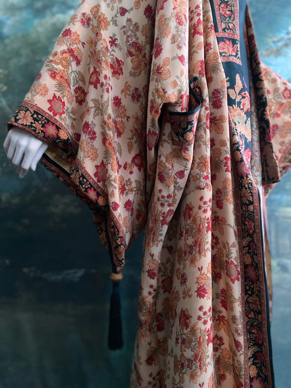 1920s inspired silk kimono robe with tassel sleeves, created from vintage scarlet, pumpkin and antique ivory silk crepe. Unique bohemian designs from the Pavilion Parade studio.