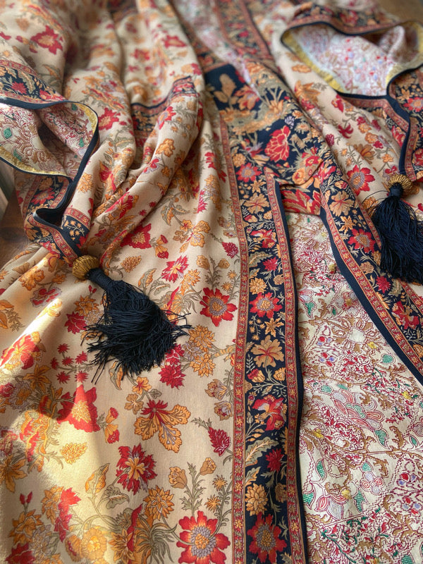 1920s inspired silk kimono robe with tassel sleeves, created from vintage scarlet, pumpkin and antique ivory silk crepe. Unique bohemian designs from the Pavilion Parade studio.