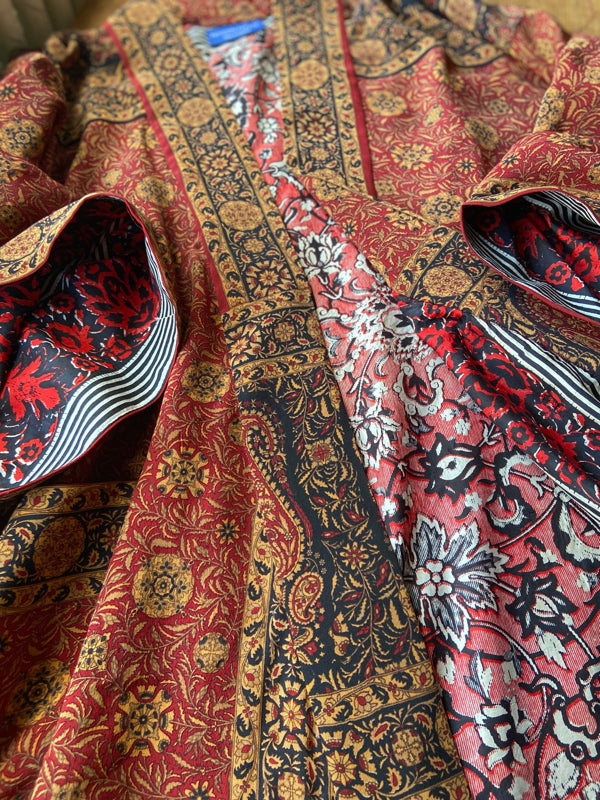1920s inspired silk kimono robe created from vintage black, mustard, and dark sienna red silk crepe. Unique bohemian designs from the Pavilion Parade studio.