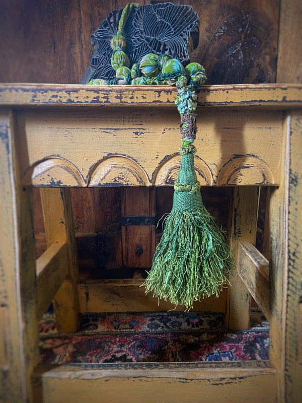 Aesthetic Movement inspired long silk sautoir necklace with antique tassel embellishment. Bohemian style from vintage textiles by Pavilion Parade. 