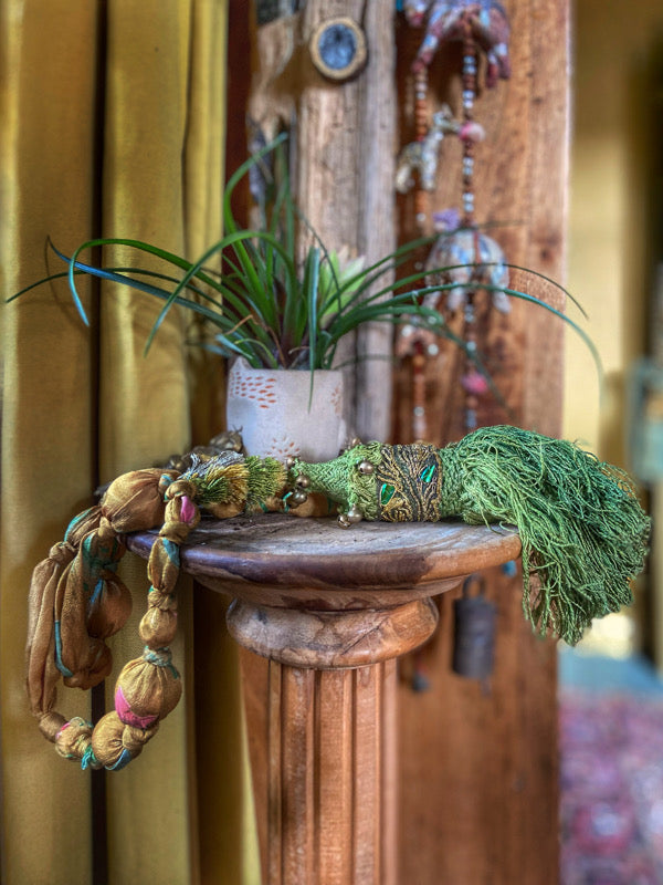 Aesthetic Movement inspired long silk sautoir necklace with antique tassel embellishment. Bohemian style from vintage textiles by Pavilion Parade. 