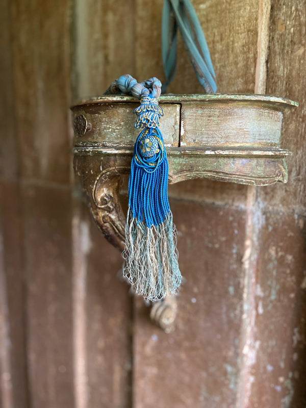 1920s style long silk sautoir necklace with antique tassel embellishment. Bohemian style from vintage textiles by Pavilion Parade. 