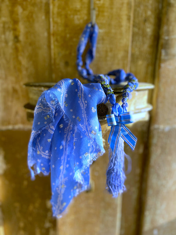 1920s style long silk sautoir necklace with antique tassel embellishment. Bohemian style from vintage textiles by Pavilion Parade. 