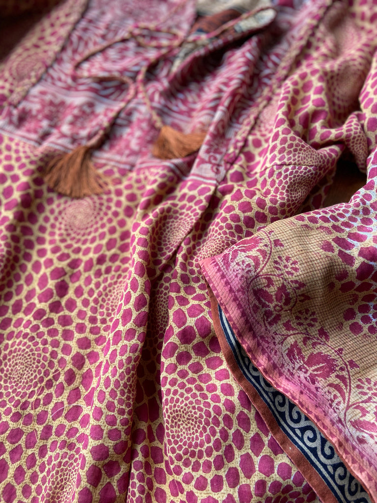 Reversible russet cotton kaftan maxi dress with pockets and wide sleeves. Unique bohemian styles created from antique and vintage textiles by the Pavilion Parade Studio.