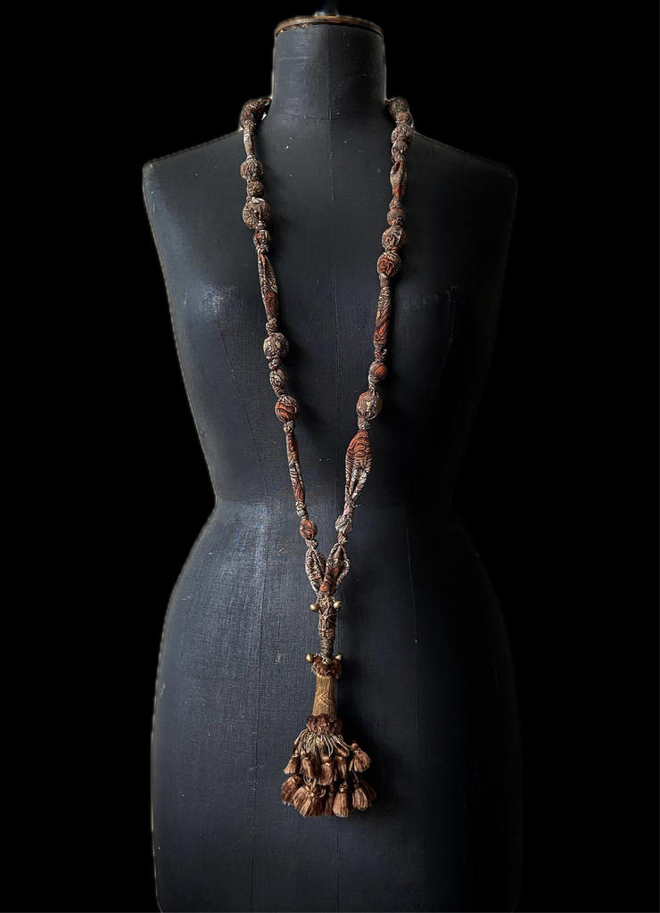 Aesthetic Movement inspired long silk sautoir necklace with antique tassel embellishment. Bohemian style from vintage textiles by Pavilion Parade. 