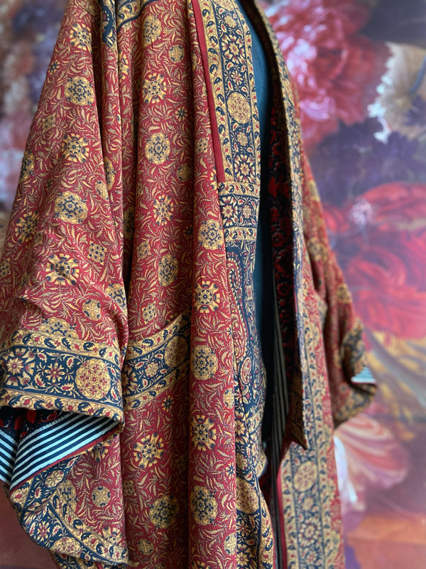 1920s inspired silk kimono robe created from vintage black, mustard, and dark sienna red silk crepe. Unique bohemian designs from the Pavilion Parade studio.