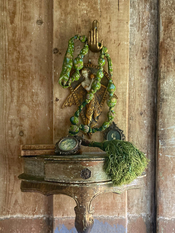 Aesthetic Movement inspired long silk sautoir necklace with antique tassel embellishment. Bohemian style from vintage textiles by Pavilion Parade. 