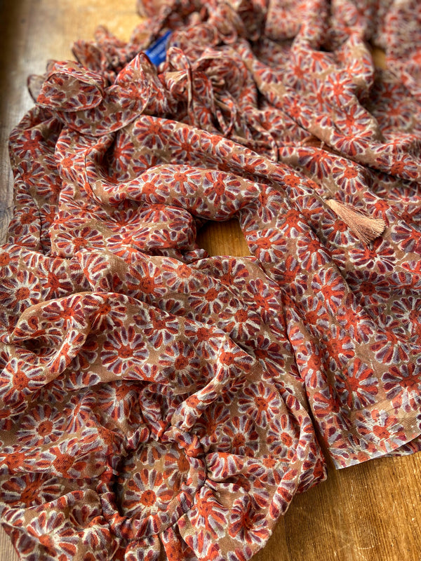 Cinnamon and caramel silk georgette Pierrot blouse with long full sleeves and adjustable drawstring frilled neckline. Bohemian styles sustainably created from antique and vintage textiles by the Pavilion Parade studio. 