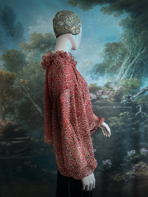 Cinnamon and caramel silk georgette Pierrot blouse with long full sleeves and adjustable drawstring frilled neckline. Bohemian styles sustainably created from antique and vintage textiles by the Pavilion Parade studio. 