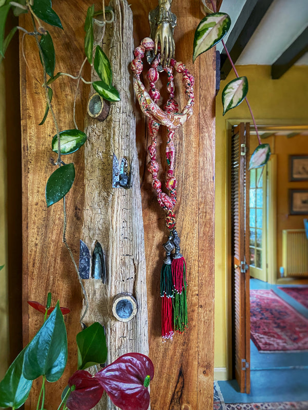 Aesthetic Movement inspired long silk sautoir necklace with antique tassel embellishment. Bohemian style from vintage textiles by Pavilion Parade. 