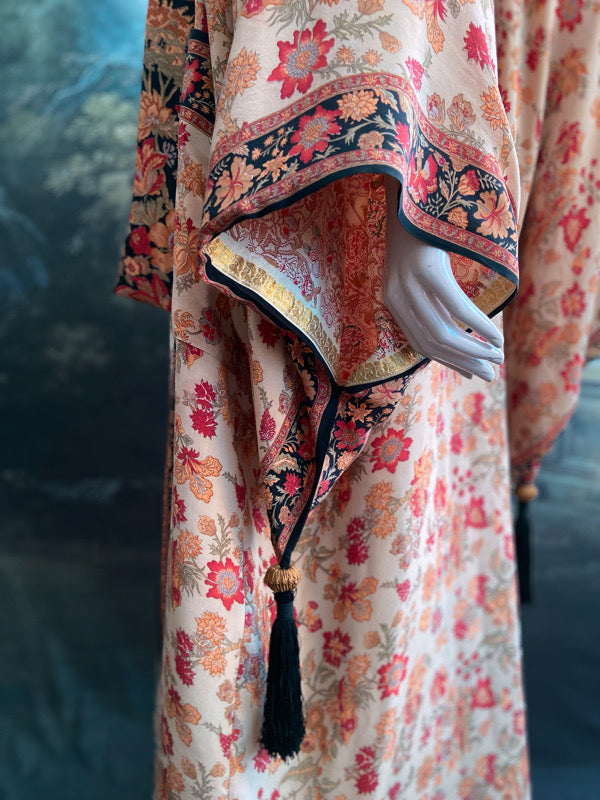 1920s inspired silk kimono robe with tassel sleeves, created from vintage scarlet, pumpkin and antique ivory silk crepe. Unique bohemian designs from the Pavilion Parade studio.