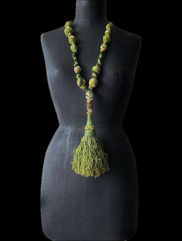 Aesthetic Movement inspired long silk sautoir necklace with antique tassel embellishment. Bohemian style from vintage textiles by Pavilion Parade. 