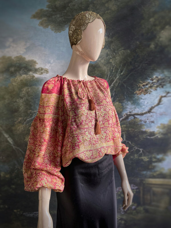 Rose pink & chartreuse silk chiffon blouse with long full sleeves and adjustable drawstring neckline. Bohemian styles sustainably created from antique and vintage textiles by the Pavilion Parade studio. 