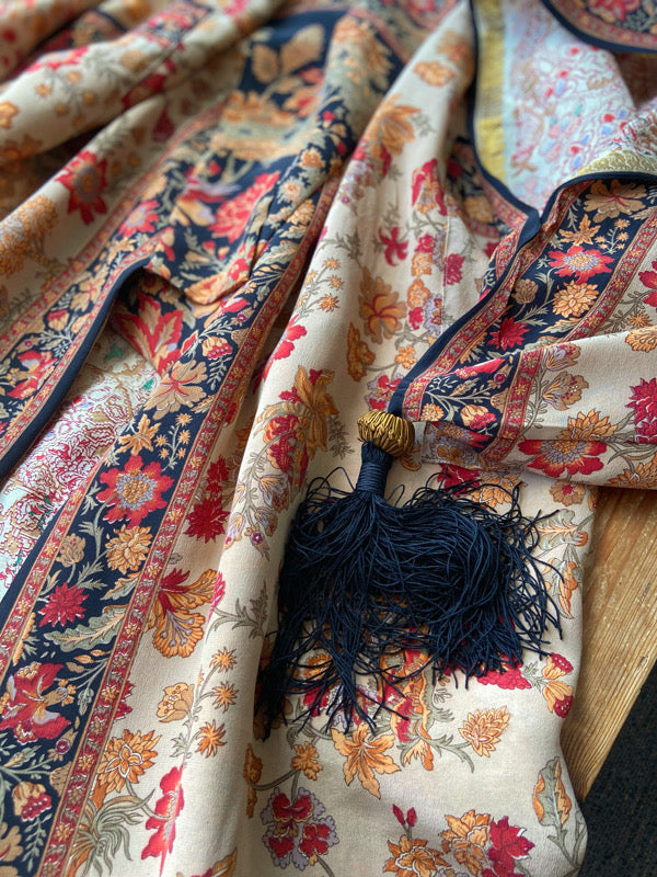 1920s inspired silk kimono robe with tassel sleeves, created from vintage scarlet, pumpkin and antique ivory silk crepe. Unique bohemian designs from the Pavilion Parade studio.