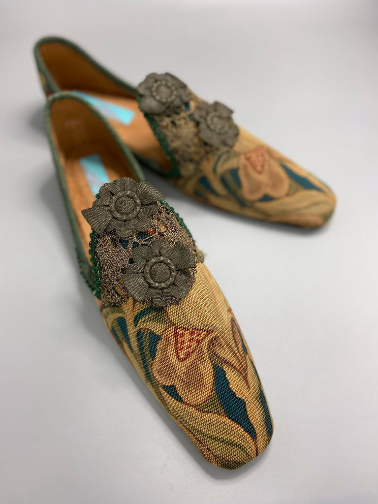 Art Nouveau Belle Epoque squared toe bohemian shoes created from antique textiles. From the Pavilion Parade studio.