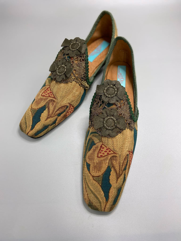 Art Nouveau Belle Epoque squared toe bohemian shoes created from antique textiles. From the Pavilion Parade studio.