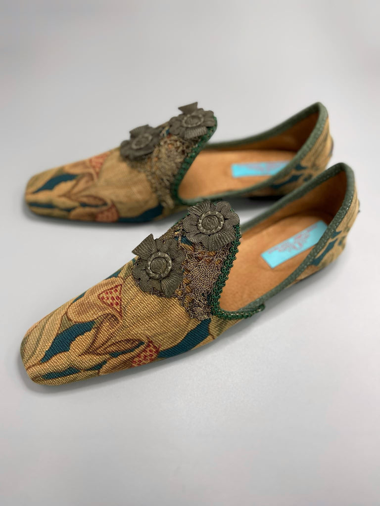 Art Nouveau Belle Epoque squared toe bohemian shoes created from antique textiles. From the Pavilion Parade studio.
